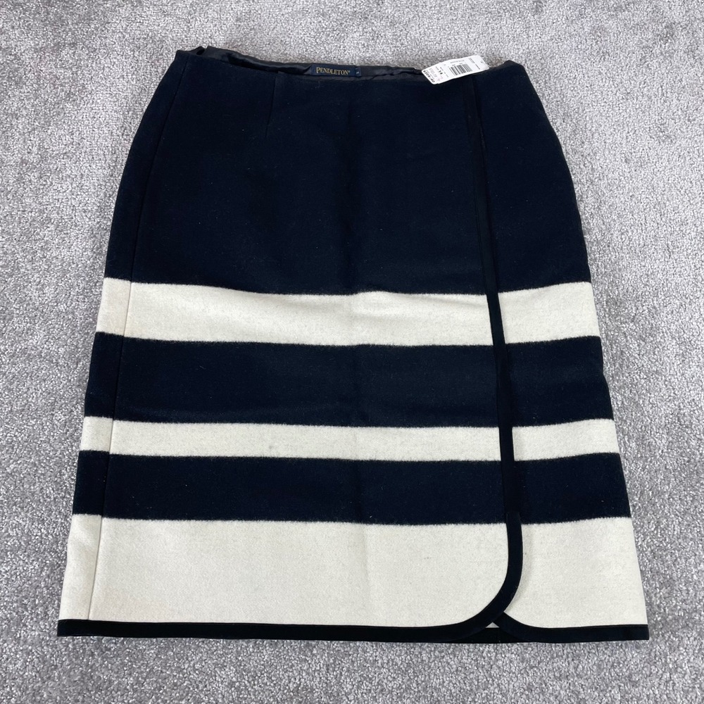 Pendleton Skirt Womens 14 Wool Blend Knee Striped Career Workwear Cream Black